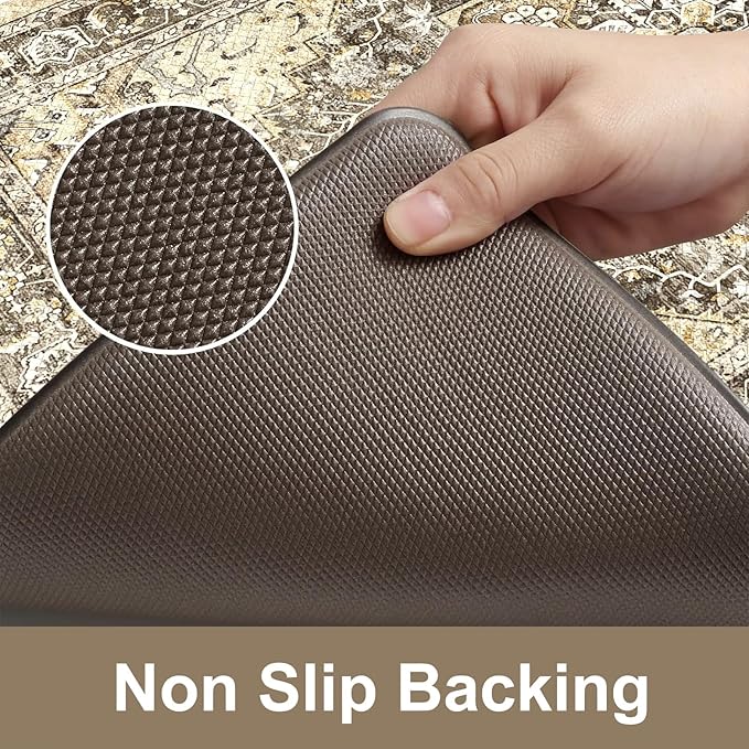 KIMODE Anti Fatigue Kitchen Mats for Floor, Boho Kitchen Rugs Sets of 2, Cushioned Kitchen Floor Mats, Comfort Standing Mat for Sink Laundry Office Desk Brown 17"x59"+17"x29"