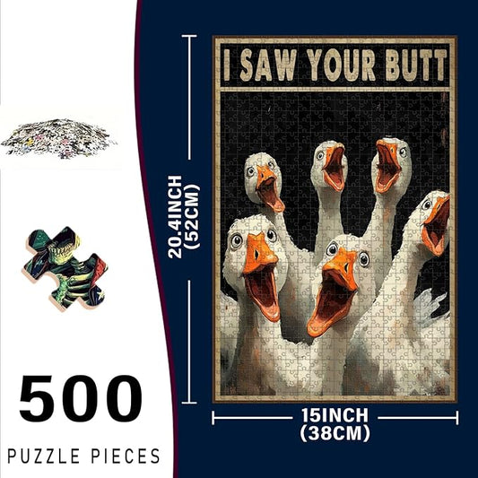 500 Piece Wooden Duck Jigsaw Puzzle I Saw Your Butt for Adults & Kids Challenging Family Activity with Stress Relief & Focus Training 20.4x15 Inch