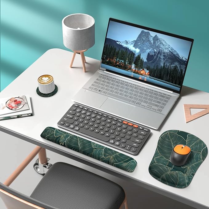 HAOCOO Ergonomic Mouse Pad with Wrist Rest, Wrist Rest for Computer Keyboard, Non-Slip Base Mouse and Keyboard pad for Office, Easy Typing & Pain Relief,Green Leaves
