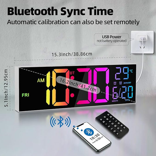 Maxstar 16.2'' Large Digital Wall Clock with Bluetooth Auto Sync, Remote Control, Alarm, LED Display, RGB Colors, Auto DST & Temperature for Classroom, Bedroom, Office, Garage-White