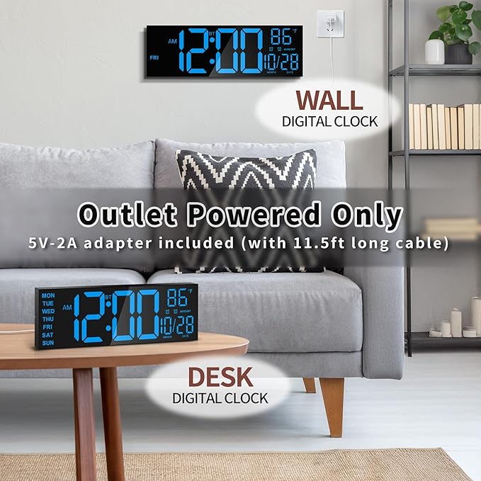 16.5" Large LED Wall Clock with Bluetooth Sync, Night Light, DST, 2 Alarms, RGB Color, Temperature, Remote Control, 12/24H, Timer for Living Room, Bedroom, Desk, Gift for Mother Father Elderly