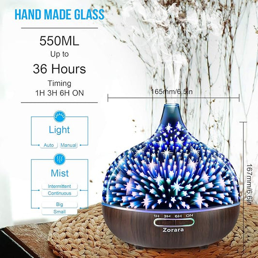 Essential Oil Diffuser 550ml Cool Mist Humidifier 3D Glass Ultrasonic Aromatherapy Humidifier with 7 Color Changing Led Lights, Waterless Auto Shut-Off, Adjustable Timer, Remote Control, Star