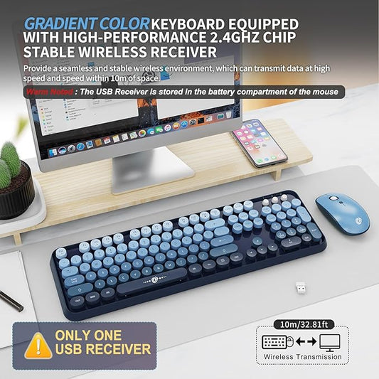 FOPETT Wireless Keyboard and Mouse Combo - 2.4G Full-Sized Cute Colorful Mouse and Keyboard with 104 Round Keys Retro Typewriter Keyboard for Laptop/Windows/PC - Blue Gradient