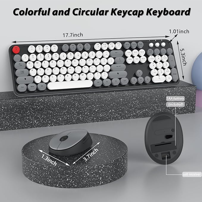 Wireless Keyboard Mouse Combo, Colorful Mouse and Keyboard Combo, 104 Keys Cute Wireless Keyboard with Number Pad for Windows, Computer, PC, Notebook, Laptop (Grey)