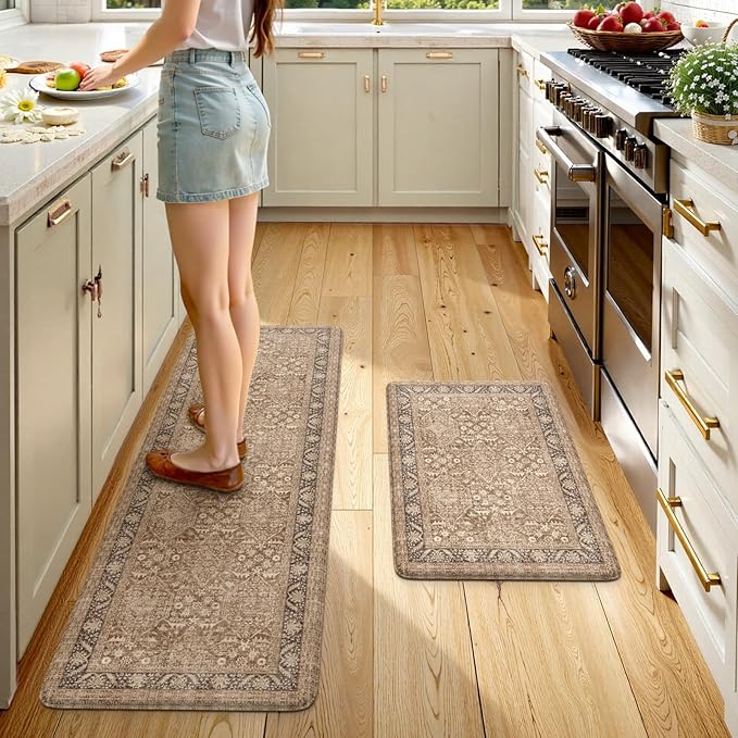 KIMODE Farmhouse Anti Fatigue Kitchen Mat, 17"x59"+17"x29" Vintage Kitchen Rugs, Waterproof Kitchen Floor Mats Non Slip, Comfort Foam Standing Mat for Sink, Laundry, Office, Desk Brown