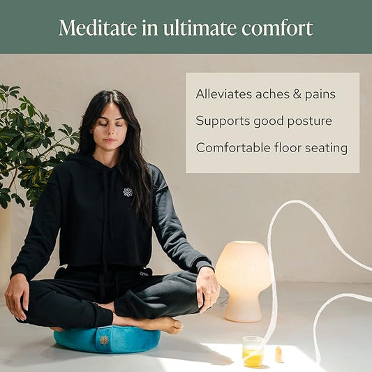 Mindful Modern Velvet Meditation Cushion | Luxe Zafu Yoga Floor Pillow Seat | Posture Support | Buckwheat Hull Filled | Large Round Cushion with Removable Washable Cover + Carry Handle