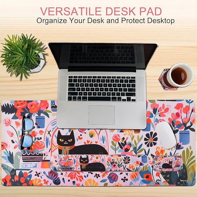 Petmolico Wrist Rest Set with Computer Keyboard Desk Pad,Mouse Wrist Rest,Keyboard Typing Wrist Pad and Cup Coasters,Ergonomic Design for Typing Pain Relief(Black,Cat with Flowers)