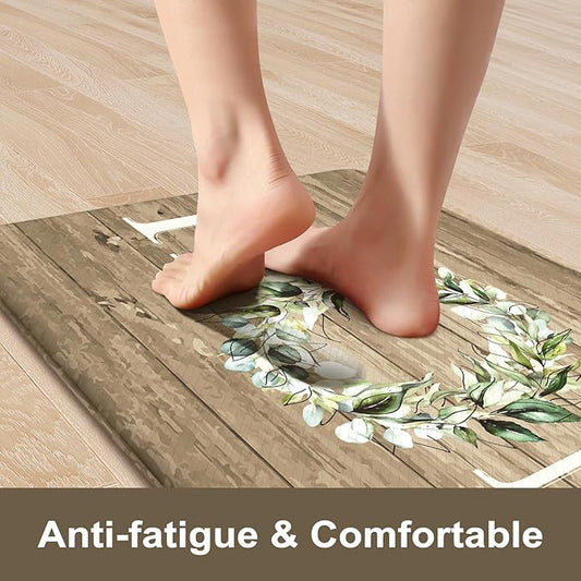 KIMODE Kitchen Mats Cushioned Anti Fatigue, 17"x47"+17"x29" Farmhouse Kitchen Rugs Sets of 2, Non Slip Kitchen Mats for Floor, Padded Kitchen Floor Mats for Sink, Laundry, Desk Khaki