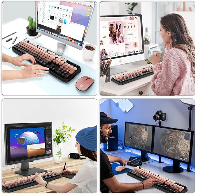 Wireless Keyboard Mouse Combo,104 Round Keys Cute Colorful Keyboard with Retro Typewriter Style,Letton Full Size Keyboard with Number Pad&Mouse with 3 DPI for PC Mac Laptop Computer Windows-Black