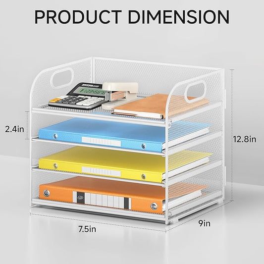 Lavatino Paper Organizer for Desk, 4-Tier Desk Organizer Tray, Mesh Desktop File Organizers with Handle, Office Classroom Organization and Storage-White