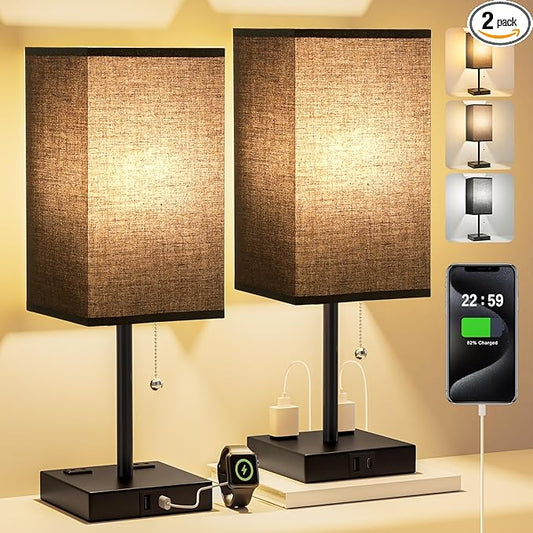Balck Table Lamps for Bedroom Set of 2 Nightstand - 17.4In Tall, 3 Color Bedside Lamps with AC Outlets and USB A & C for Charging, Square Night Stand light, End Table Lamp for Living Room/Dorm/Office