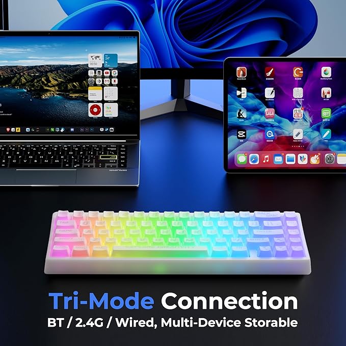 XVX M67 Wireless 60% Percent Keyboard, QMK/VIA Topographic Gaming Keyboard, Tri-Mode Thocky Creamy Mechanical Key Board, Hot Swappable Gasket Mount RGB IMD Tech for Win/Mac, Miami Theme, White