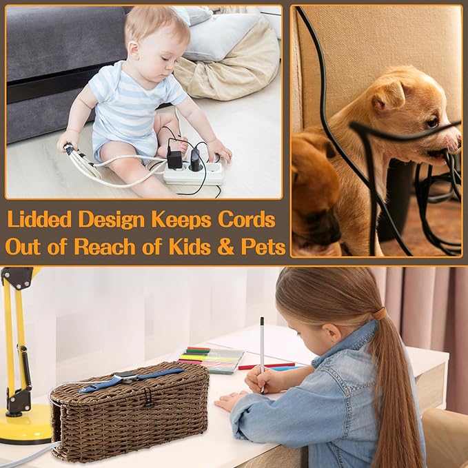 FairyHaus Cable Management Box 2Pack Brown, Handwoven Large and Small Cable Organizer Box Cover to Hide Cords and Power Strip, Imitation Wicker Cord Organizer Box Hider for Office Desk and Floor