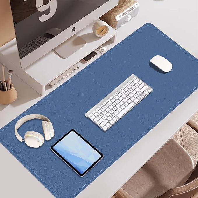 Non Slip Desk Mat, 31.5" x 15.7" PU Leather Desk Pad, Cork Desk Mat for Desktop, Desk Pad for Keyboard and Mouse, Ideal for Office and Home, Lake Blue