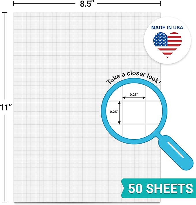 321Done Graph Paper Notepad - Letter Size (8.5" x 11") 50 Sheets - 0.20" Grid Planning Note Pad - Tear-Off Edge Glued Luxury Smooth Thick Premium Paper - Made in USA - Plain White, Smaller Grids