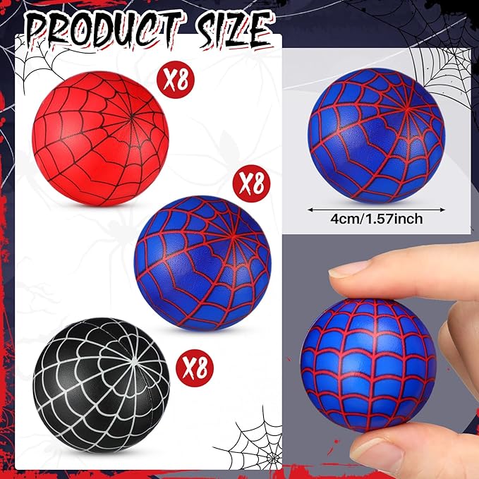 Meooeck 24 Pcs Spider Web Stress Balls Bulk 1.57 Inch Relief Stress Balls Mini Foam Anxiety Fidget Toys Squeeze Sensory Toys Squishy Blue Red Black Spider Web Finger Exercise Birthday Party Favors
