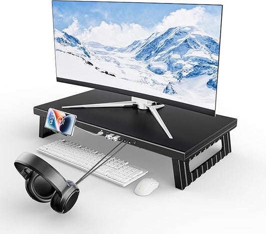 All-Metal Foldable Monitor Stand with 28cm Wide Desktop,, Headphone & Mic Jack, Detachable Phone Holder, (USB Hub Fast Charging Version, 530mm)