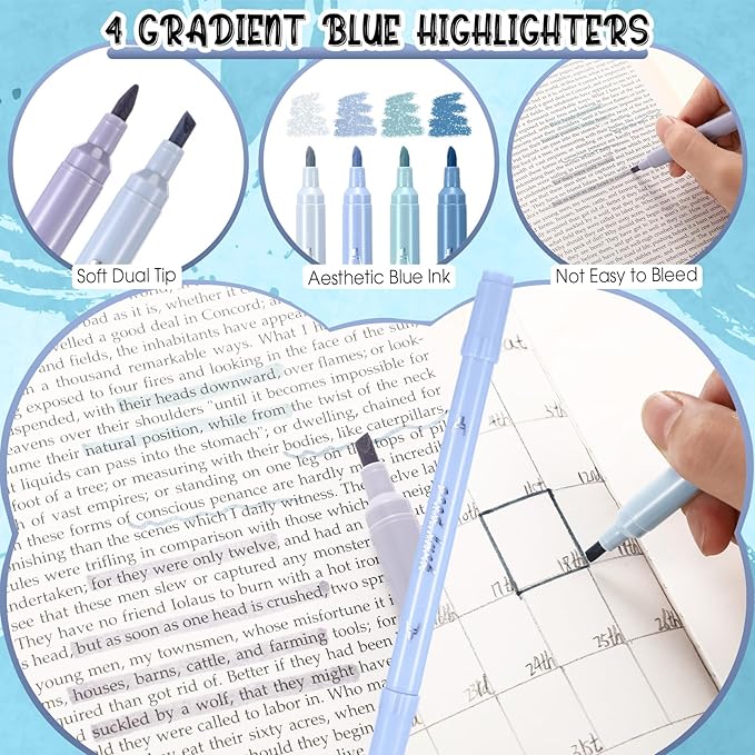 Janlaugh 38 Pcs Aesthetic College School Supplies with Pen Case Sticky Notes Gel Pens Highlighters Correction Tapes Back to School Stationery Kit(Light Blue Color,Classic)
