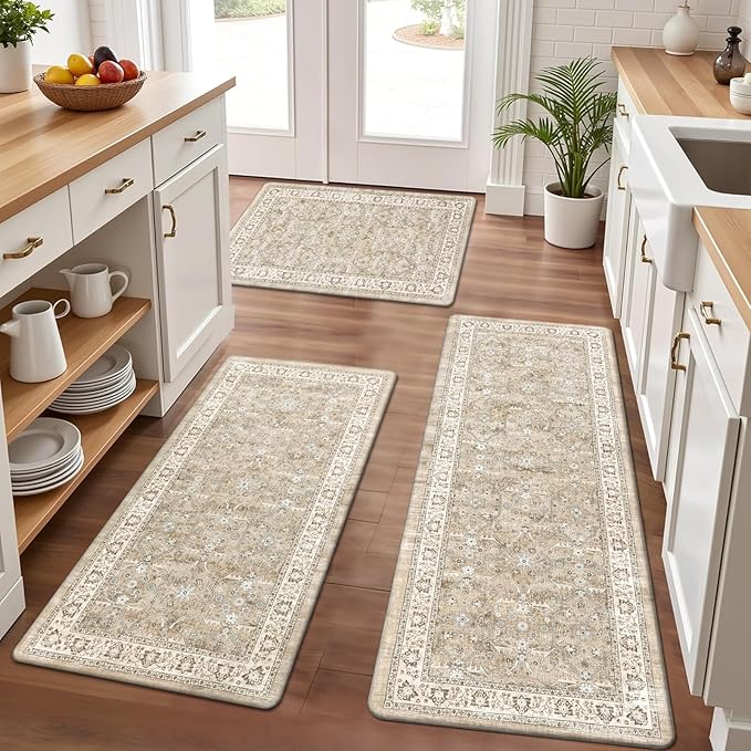 Pauwer Anti Fatigue Kitchen Mat Set of 3 Non Slip Kitchen Mats for Floor Cushioned Kitchen Rugs Comfort Standing Mat Farmhouse Waterproof PVC Foam Kitchen Floor Mat Runner, Beige