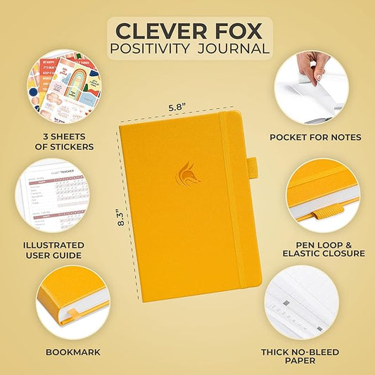 Clever Fox Positivity Journal – Daily Gratitude & Affirmation with Prompts – Motivational Mental Health Notebook with Habit Tracker (Amber Yellow)