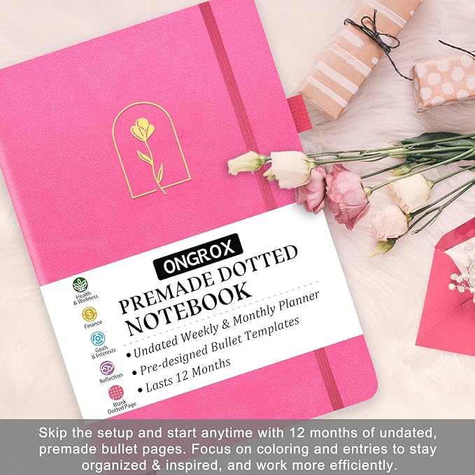 Premade Bullet Style Notebook with Undated Weekly & Monthly Planner, Dotted Journal with Pre-made Bullet Planner Stencils, Dot Grid Journaling with Habits & Mood Tracker, 12 Month Organization, A5