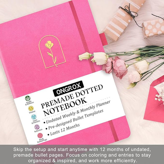 Premade Bullet Style Notebook with Undated Weekly & Monthly Planner, Dotted Journal with Pre-made Bullet Planner Stencils, Dot Grid Journaling with Habits & Mood Tracker, 12 Month Organization, A5