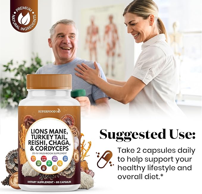 Lions Mane Mushroom Supplement with Turkey Tail Reishi Cordyceps Chaga with Marshmallow Root - 60 Count