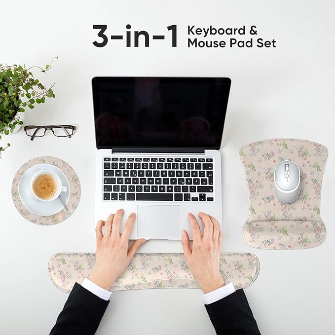 RICHEN Mouse Pad and Keyboard Wrist Rest, 3-in-1 Computer Mousepad and Coaster Set, Non-Slip Keyboard Wrist Rest and Mouse Pad Set Ergonomic Design (FKMWR-61)