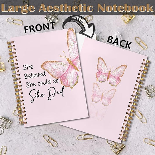 Pink Butterfly Inspirational Spiral Notebook 5.5x8.3, She Believed She Could So She Did Motivational Journal, Inspirational Encouragement Gifts for Women, Pink Office Supplies