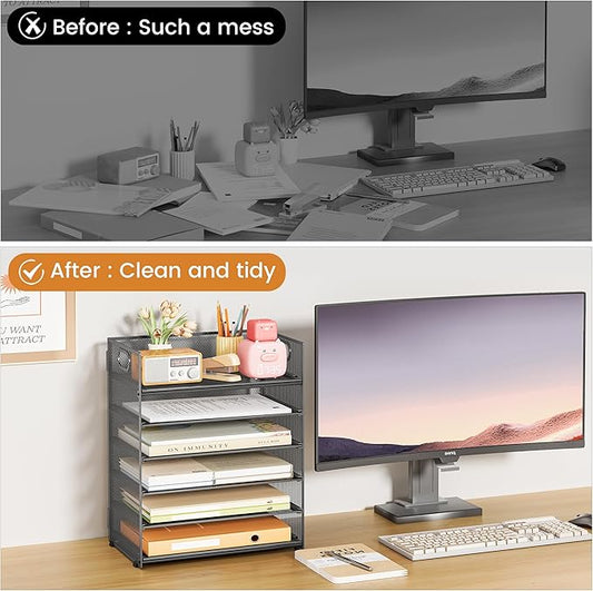 Subekyu 6-Tier Desk Paper Organizer, Desktop File Letter Tray with Handle, Document Sorter and Accessories Holder for Office, Home and School Workspace Organizers, Gray-2 Pack