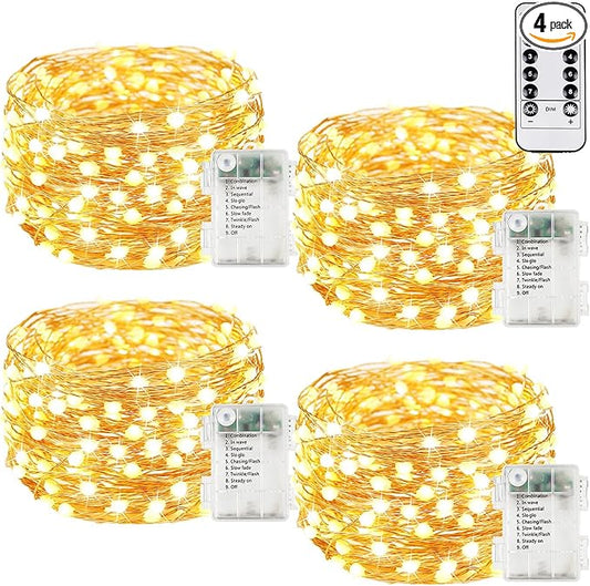 4Pack 80Ft 240LED Fairy Lights Battery Operated with Remote, Waterproof String Lights with Timer for Indoor & Outdoor, Twinkle Lights Battery Powered for Bedroom Christmas Decorations (Warm White)