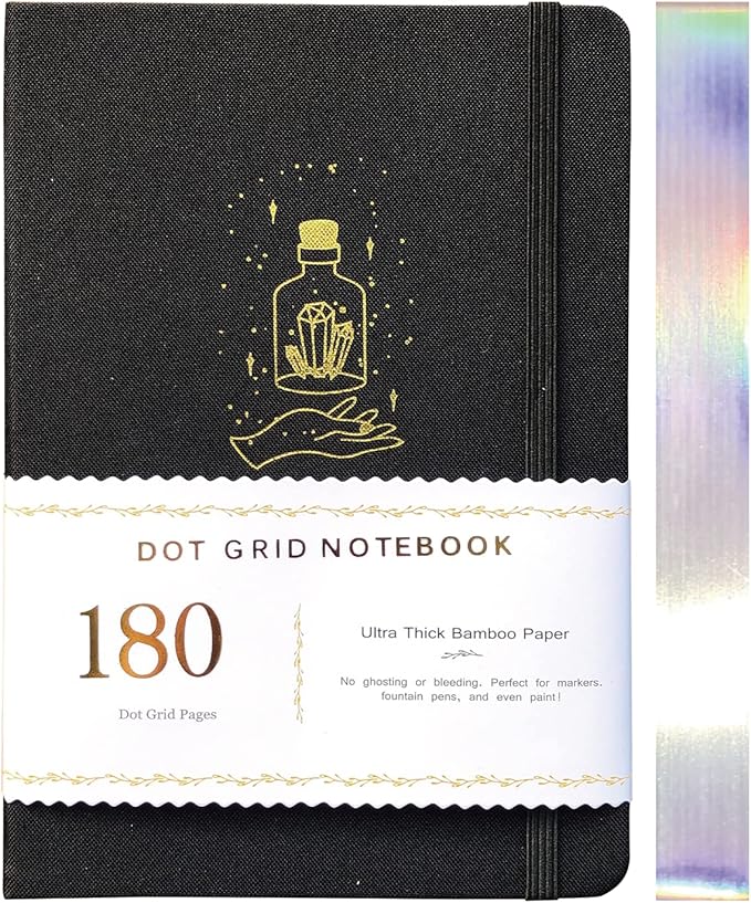 BUKE Dotted Journal,180Gsm Bamboo White Paper, 5 * 5MM Dot Grid 160 Pages, A5 Size Dot Grid Notebook BUJO, Colored Silver Edges and Mystery bottle