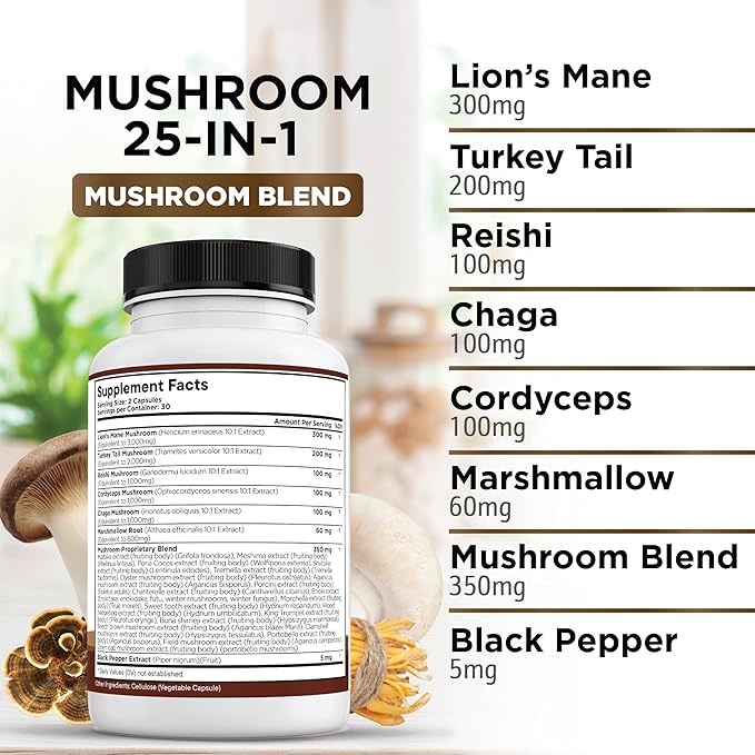 Lions Mane Mushroom Supplement with Turkey Tail Reishi Cordyceps Chaga with Marshmallow Root - 3-Pack