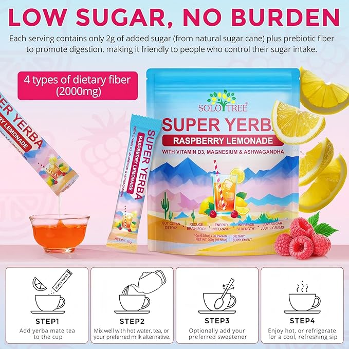 Super Yerba Mate, Yerba Mate Instant Tea Powder ,Low Sugar Content, Clean Energy & Focus Boost,Digestive Support with Antioxidants, Raspberry Lemonade Flavor (60 packs)