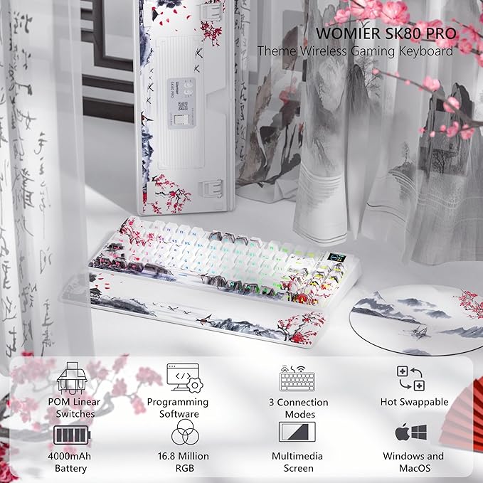 Womier 75% Wireless Mechanical Keyboard with Color Multimedia Screen Gaming Keyboard, Theme 3-Modes Hot Swappable Key Board w/Wrist Rest,SK80 PRO Gasket RGB Custom for Mac/Win,Red Plum