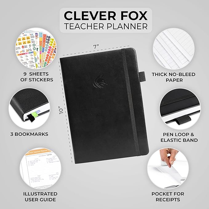 Clever Fox Teacher Planner – School Year Planner with Calendars & Lesson Plans – Teacher Plan Book for Classroom & Homeschool Organization - Undated, 7x10″, Hardcover (Black)
