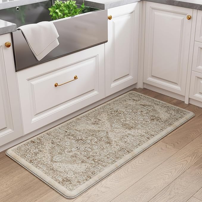 KIMODE Anti Fatigue Kitchen Mat 20"x39", Padded Kitchen Floor Mats Non Slip, Waterproof Cushioned Floral Kitchen Runner, Farmhouse Comfort Standing Mat for Laundry, Office, Sink, Desk Khaki