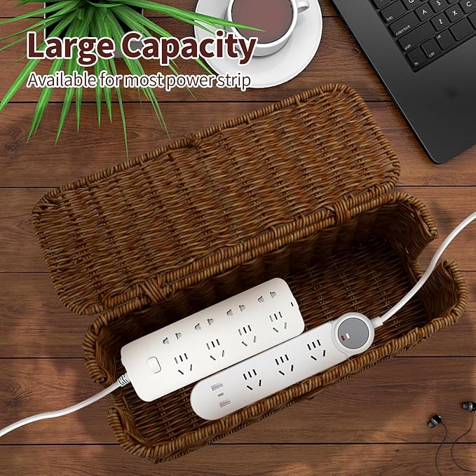 Cable Management Box, Desk Handwoven Rattan Cord Hider Organizer Box With Lid Button Lock, Power Strip Holder Decorative Box, Floor Cord Surge Protector Storage Box