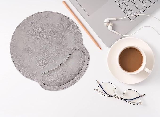 RICHEN Ergonomic PU Leather Mouse Pad with Wrist Support,Comfort Memory Foam,Waterproof Surface,Non- Slip Rubber Base for Computer Laptop & Mac,Lightweight Rest for Home,Office & Travel (Gray White)