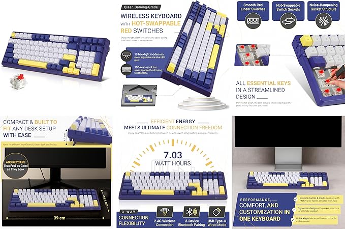 Qisan Wireless/Wired Mechanical Keyboard, Triple Mode 2.4G/USB-C/BT Wireless Gaming Keyboard, 100 Keys (98%) US Layout Red Switch Rechargeable Backlit Keyboards | Dark Blue & Yellow & White Combo