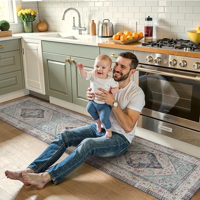 KIMODE Anti Fatigue Mat for Kitchen Floor, Boho Oriental Kitchen Runner Rug, Non Slip Waterproof Kitchen Rug, Vintage Kitchen Mat for Floor, Laundry, Office, Sink, Desk Blue 20"x71"