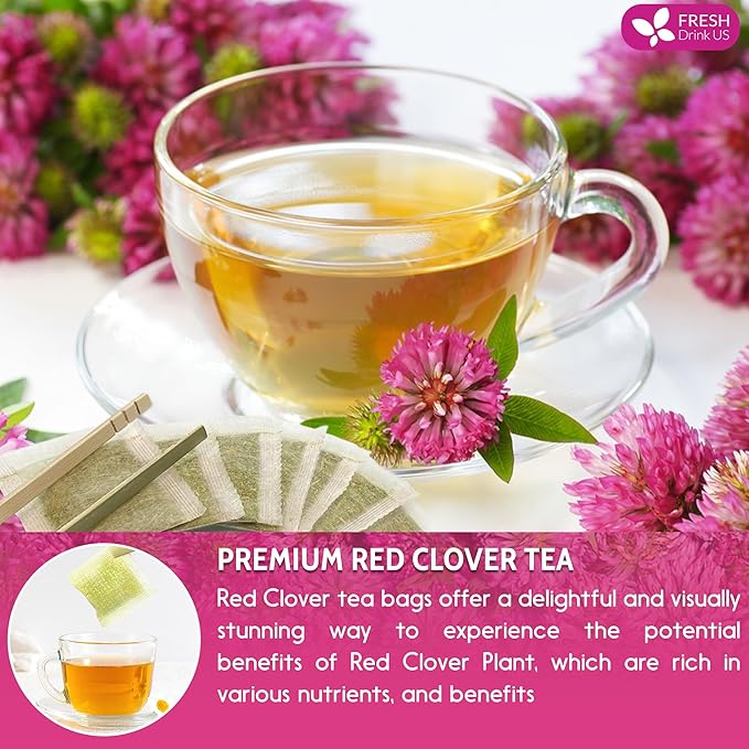 FreshDrinkUS, Premium Red Clover Herbal Teaโ 55 Tea Bags โ Pure โ Naturally Smooth & Mild Flavor โ Premium Quality, Eco-Conscious Packaging. Caffeine-Free. Gluten Free. Vegan