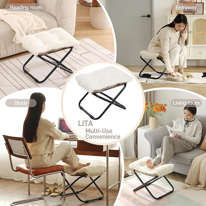 LITA Folding Footrest Stool, Portable Ottoman Foot Rest, Upholstered Small Foldable Ottoman Stool with Detachable Thick Cotton Cushion Padded Sofa Stool for Living Room, Bedroom, Plush Beige