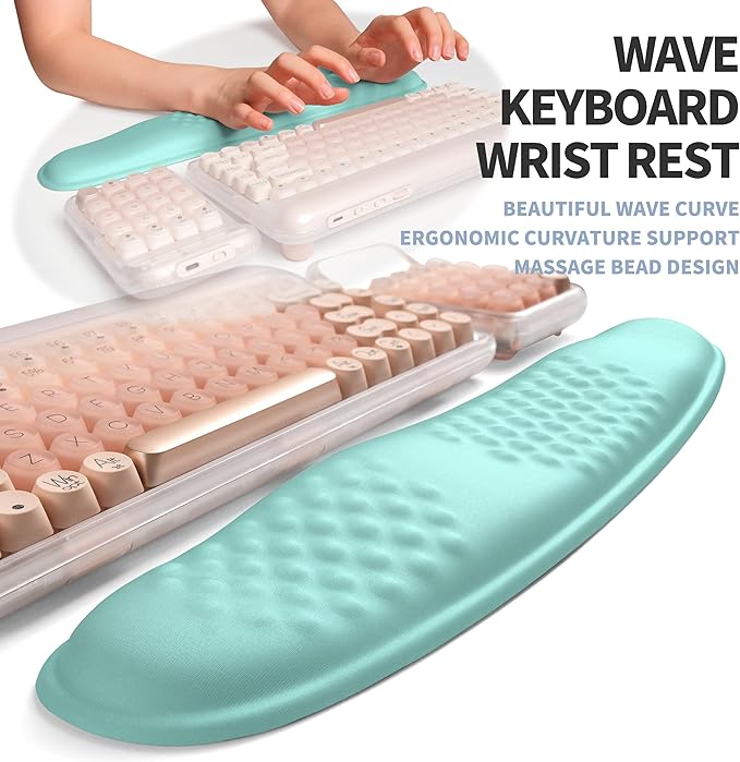 2-in-1 Ergonomic Set, Wave Keyboard Wrist Rest and Massage Slope Mouse Pad Wrist Support, Rebound Memory Foam for Relieve Carpal Tunnel Syndrome and Wrist Pain (Light Blue)