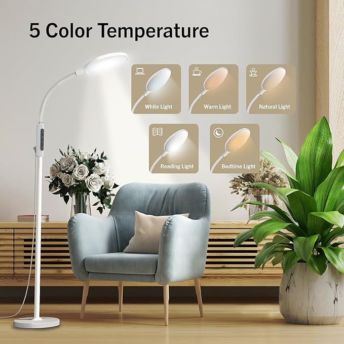 PRIMETEK Happy Light 10000 Lux Mood Lamp, Dual Control Remote,Touch Screen Sad Lamp, Adjustable LED Floor Lamp, UV-Free Sun Light, 5 Color Temperatures 10 Brightness Levels Happy Lights (White)