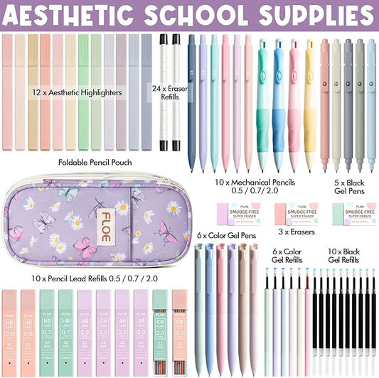 65PCS Aesthetic School Supplies with Cute Pencil Case, Pastel Highlighters Gel Pens Mechanical Pencils Set 0.5 0.7 & 2.0mm, Office Back to School Supplies College Essentials Kit Student Stationary Set