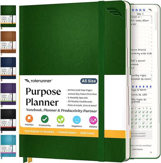 Roterunner Purpose Planner Notebook A5 5.8”x8.3” Undated 2025 Daily Weekly and Monthly Productivity Goal Setting Tool for Work Home ADHD Planner for Adults Self Care Journal (Green Softcover)