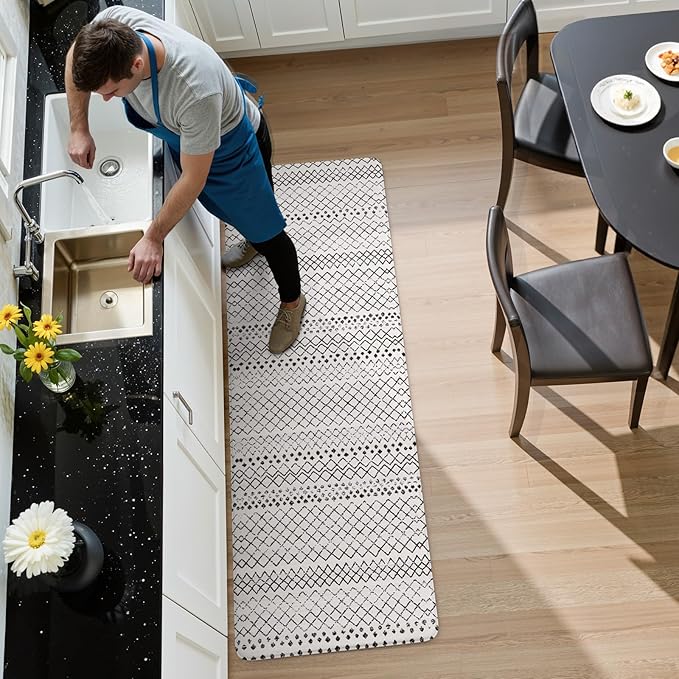 KIMODE Anti Fatigue Kitchen Mat for Floor, 20"x71" Farmhouse Kitchen Rug, Non Slip Waterproof Kitchen Floor Mat, Cushioned Standing Mat for Front of Sink Laundry Desk Bedroom Black and White
