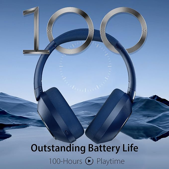 Active Noise Cancelling Headphones, 100H Playtime Headphones Wireless Bluetooth, Bluetooth Headphone with Microphone, Over- Ear Wireless Headphone with Deep Bass for Travel (Blue)
