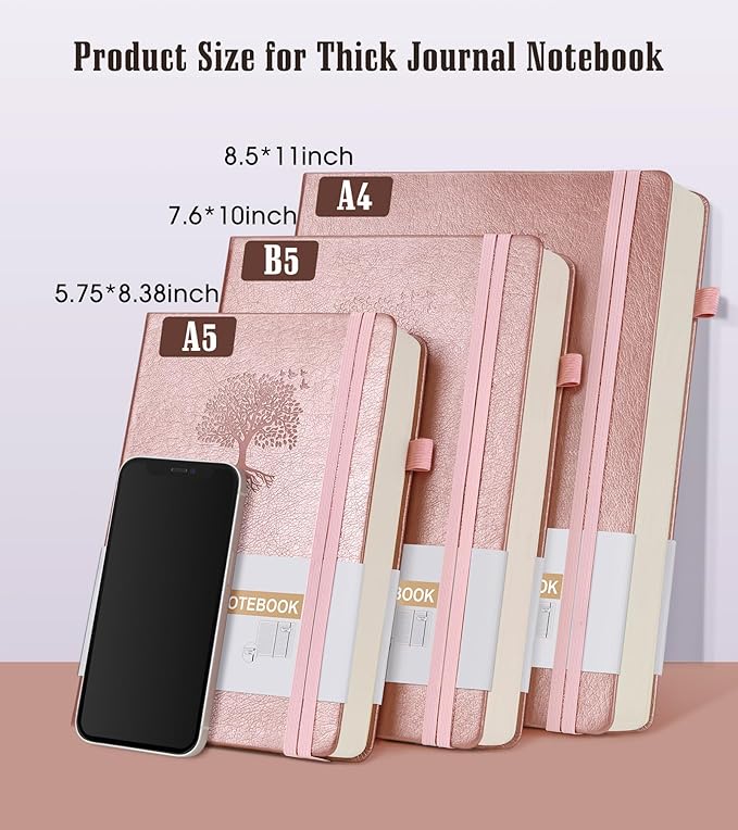 Lined Journal Notebook, 365 Pages A4 Large Journals for Writing Ruled Notebook, Pink Hardcover Leather Journals for Women Men,Notebook for Work, Note Taking, 100Gsm Thick Paper (8.5" x 11" Rose Gold)